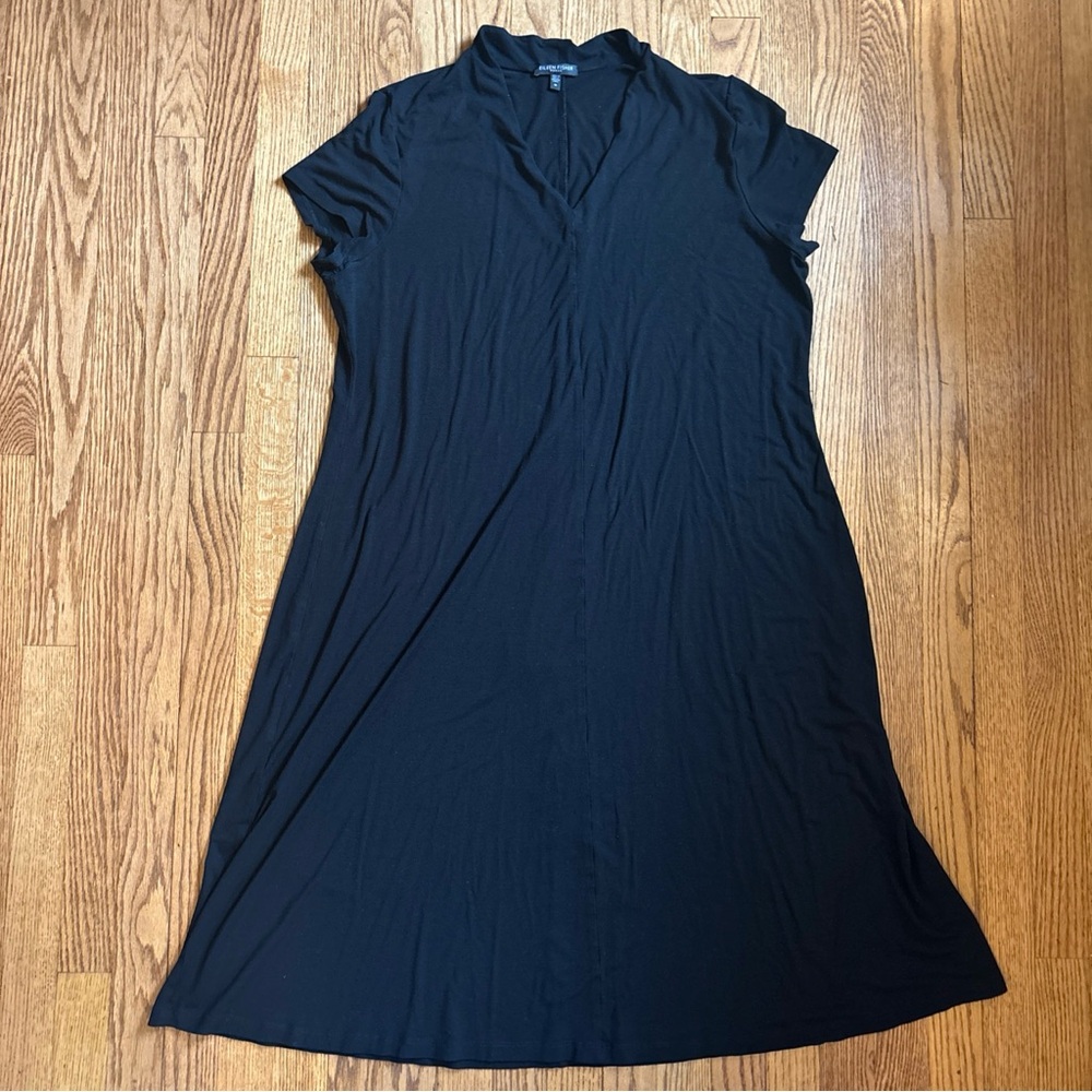 Eileen Fisher Women Maxi Shift Dress Black Tencel Stretch Short Sleeve 1X V neck